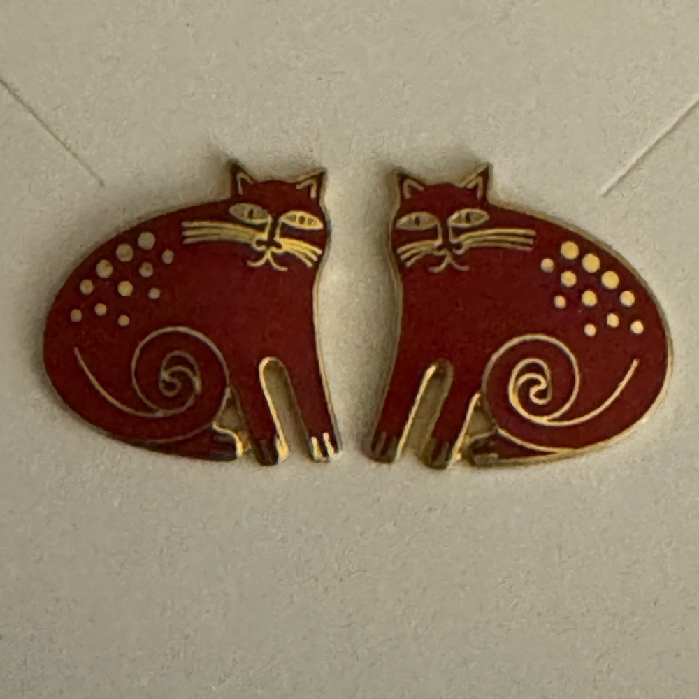LAUREL BURCH Red Cheshire Cat Gold Post Stud Earrings Vintage Jewelry Whimsical